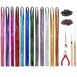 fujia 47 inch 16 Colors 3200 Strands Hair Tinsel 200 Pcs Silicone Buckles Crochet Hook Hair Ring Tip Mouth Clip Comb Hair Tinsel
