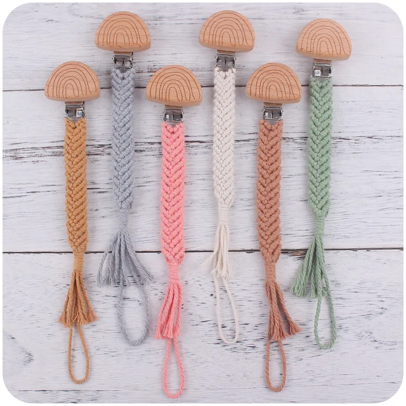 Cotton Braid Macrame Beech Wood Soother Pacifier Clip Holder Baby Teething Toy Dummy Wooden Baby Pacifier Clip Chain