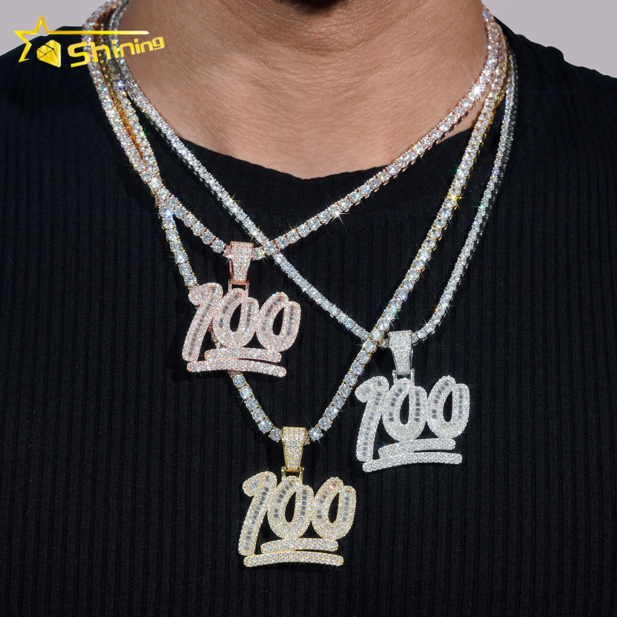 Pass Diamond Tester 925 Sterling Silver Gold Plated Diamond Number 100 Custom Made Iced Out Moissanite Pendant Hip Hop Jewelry