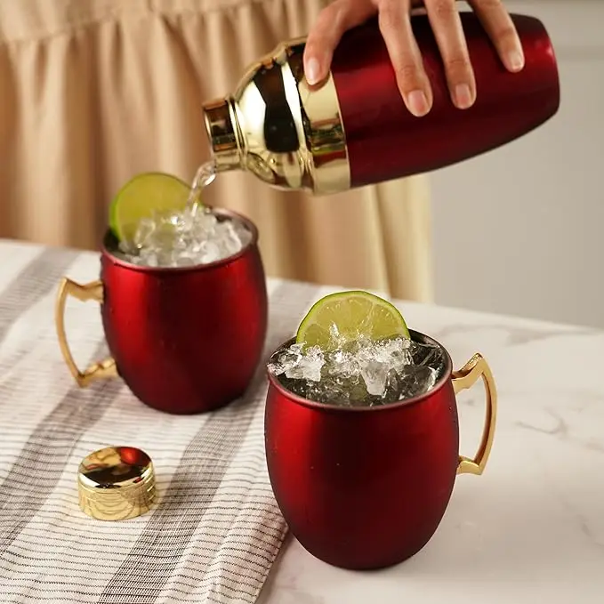 Red Moscow Mule Mug and Cocktail Shaker Gift Set Holiday Bar Gift Mule Moscow Mug Red Stainless Steel