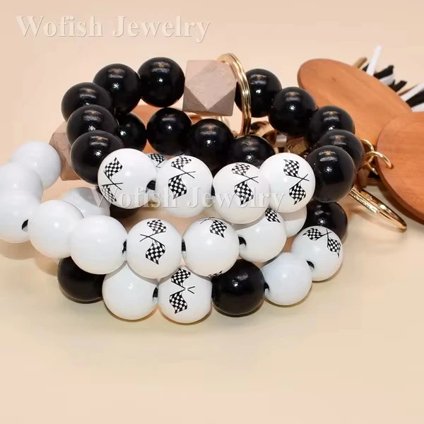 Factory Wholesale Wooden Keychain Black White Checkered Flag Pattern With Blank Engravable Disc Keychain Wristlet