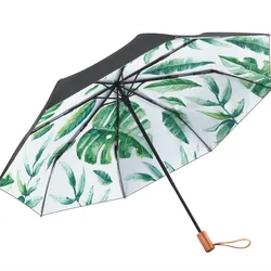 best hot sale green palms leaves printing raines umbrella wooden handle Manual 3 fold umbrella for gift