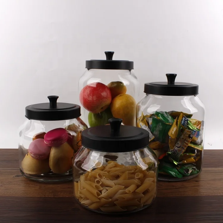 1.5L 2L 3L 4L Large Round Wholesale Glass Candy Cookie Pasta Food Storage Jar Set with Black  Metal lids