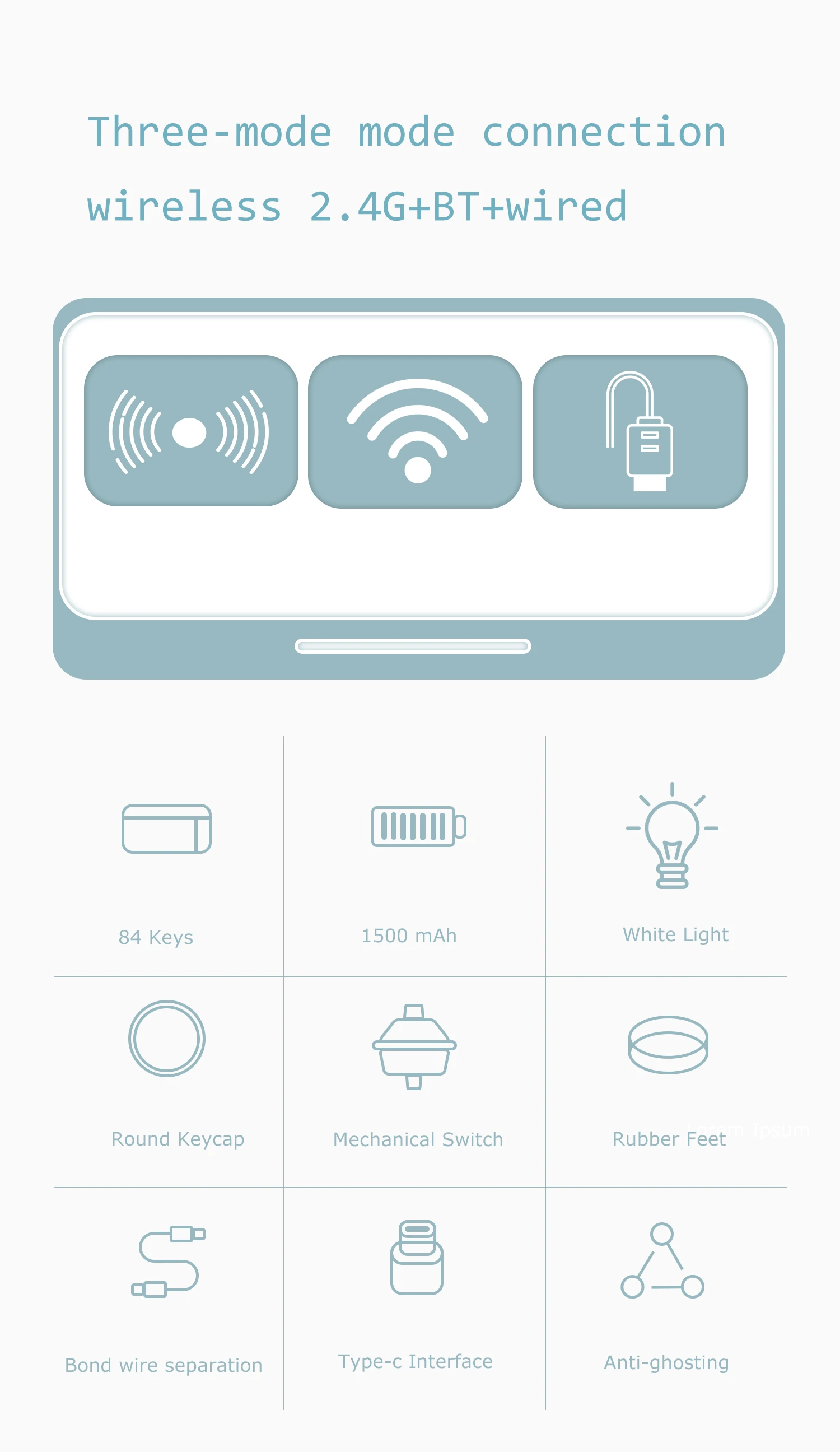 AJAZZ K840T 84 Keys Wireless Type-C Keyboard Gaming LED Wired Keyboard Usb Custom Keyboards Mini