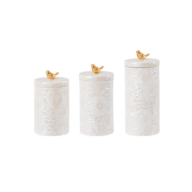 Modern Luxury Ceramic Food Storage Jar With Lid Carved Cylindrical Shape Stoneware Canister Set
