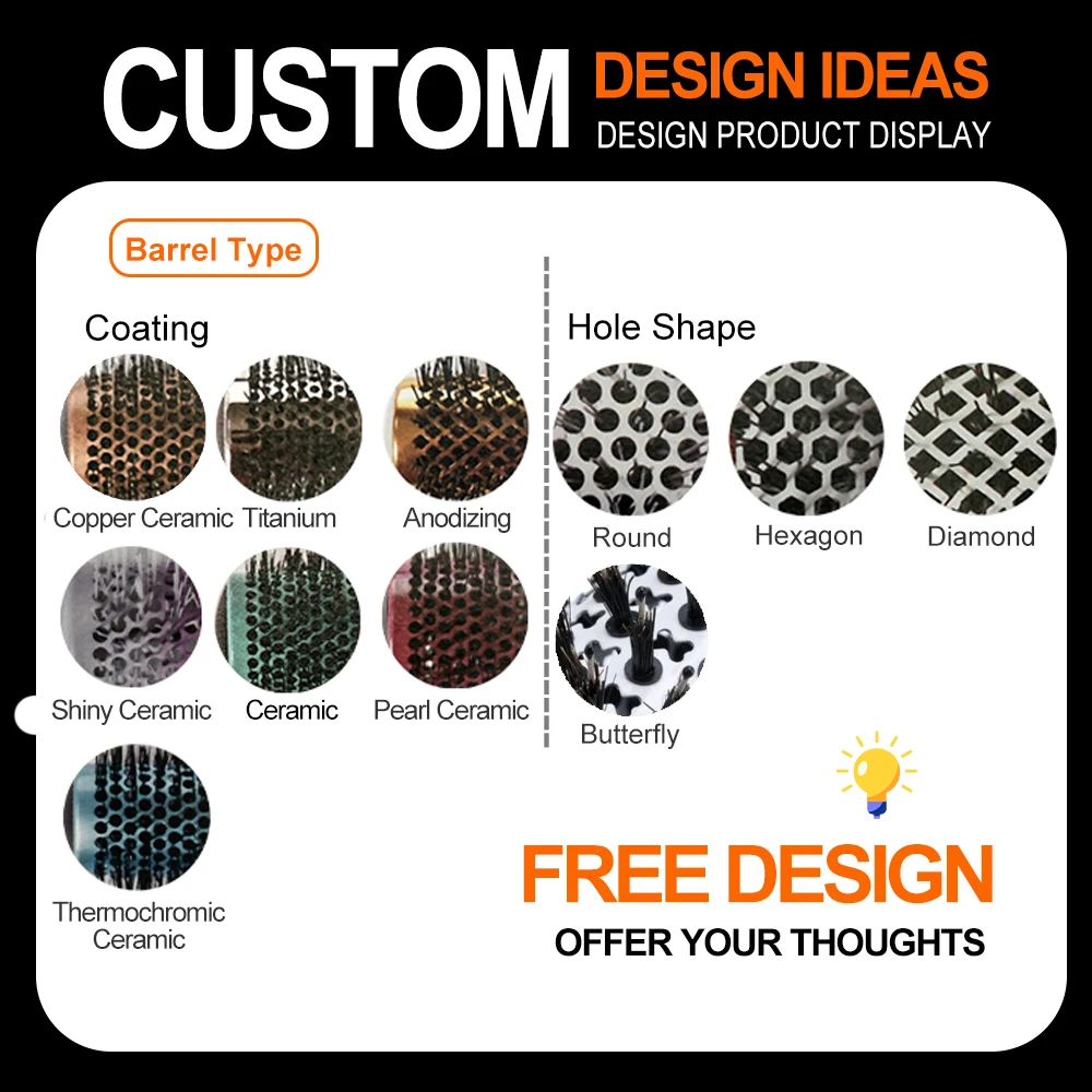 Custom Logo Black Aluminum Tube Round Hair Brush For Ceramic Curly Hair Detangling Hair Ionic Care Professional Barber Salon