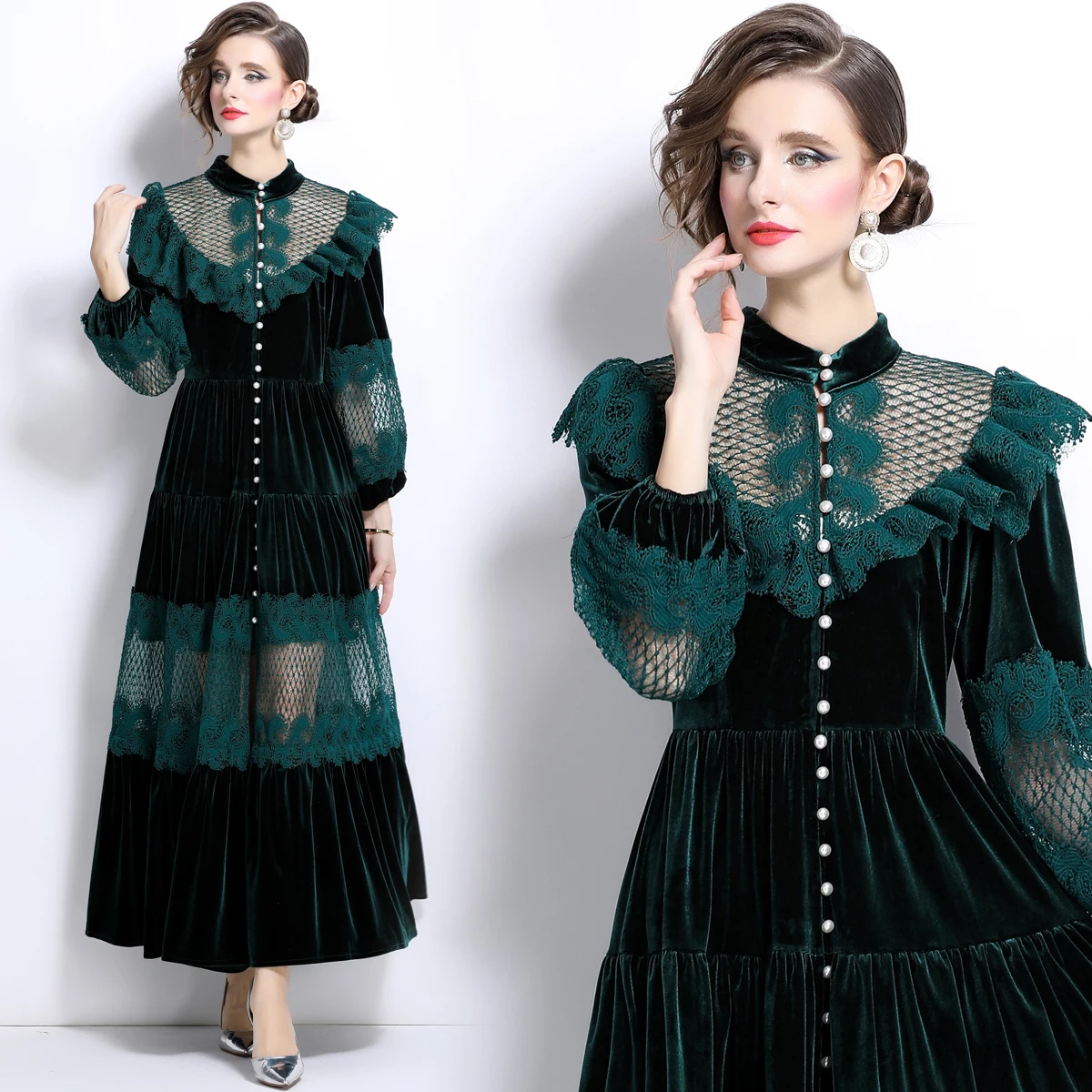 Droma water soluble lace ruffled single row pearl buckle ladies long sleeve beautiful dresses winter loose velvet green dress