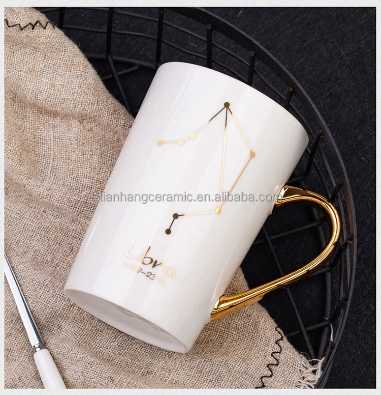 Cheap Price  White Black 12 Constellations Gold Pattern Ceramic Coffee Mug With Lid Spoon And Gold Handle For Souvenir.jpg