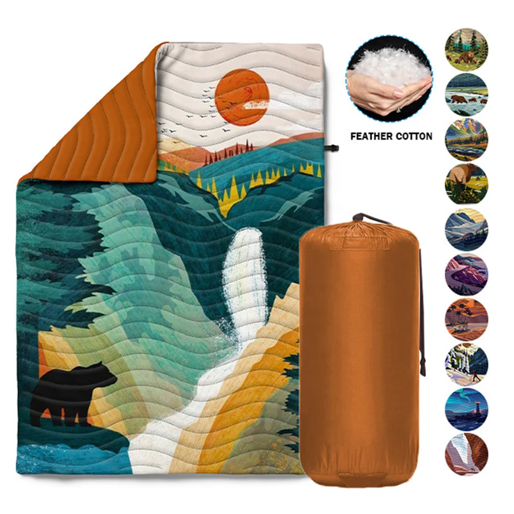 Portable Outdoor Picnic Water Resistant Nylon Down Blanket Winter Warm Soft Quilted Synthetic Down Puffy Blanket