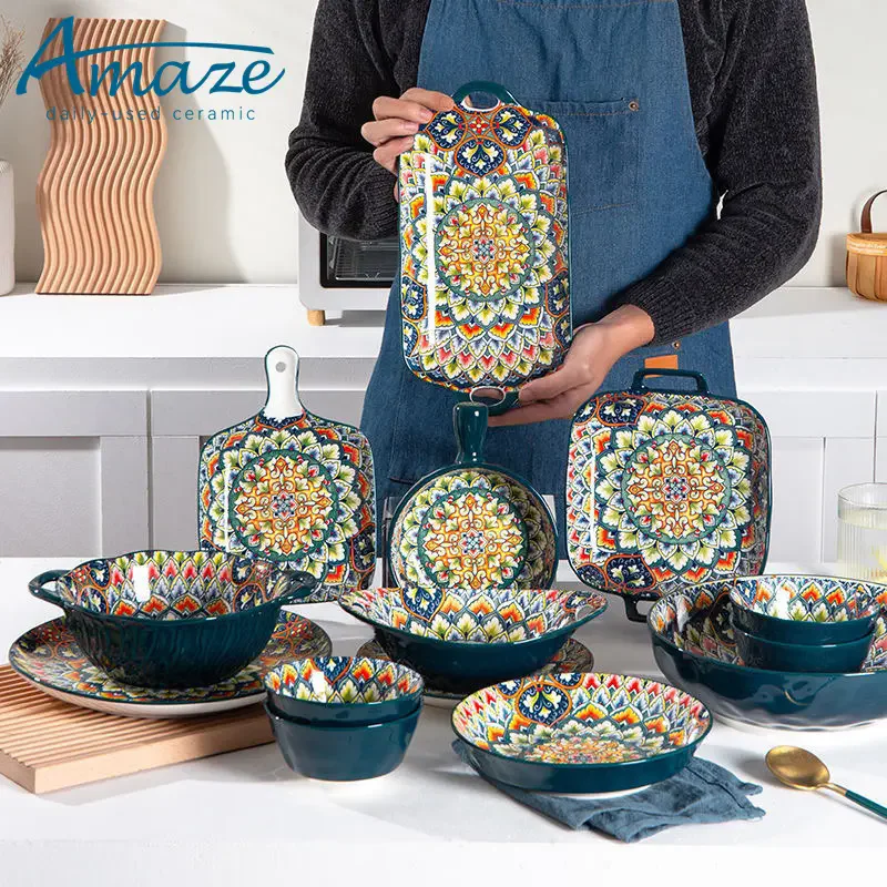 Wholesale assorted patterns bohemia style factory price 10 inch restaurant supply salad noodles ceramic deep dinner plates