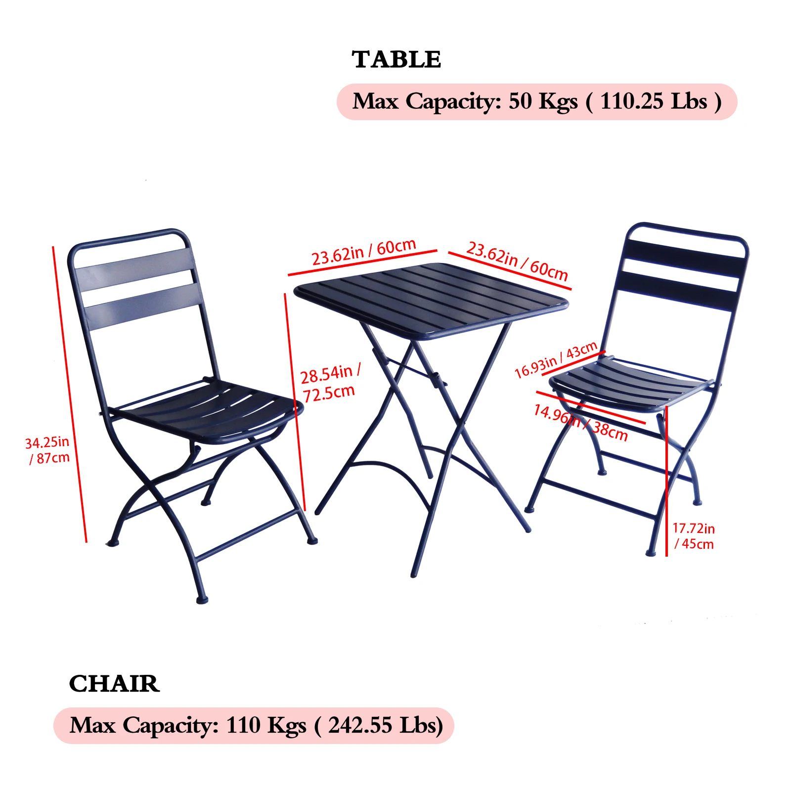 Portable Rustproof Metal Bistro Set 3-Piece Sectional Folding Table and Chairs for Indoor and Outdoor Garden Patio Use