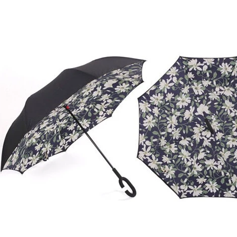 Flower pattern windproof rainproof reverse umbrella car umbrella reversible C-handle inverted reverse umbrella for car