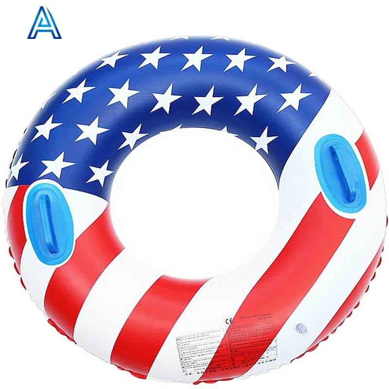 American flag printing durable cheap low price PVC inflatable swim tube swim ring for summer pool beach swim toy with handles