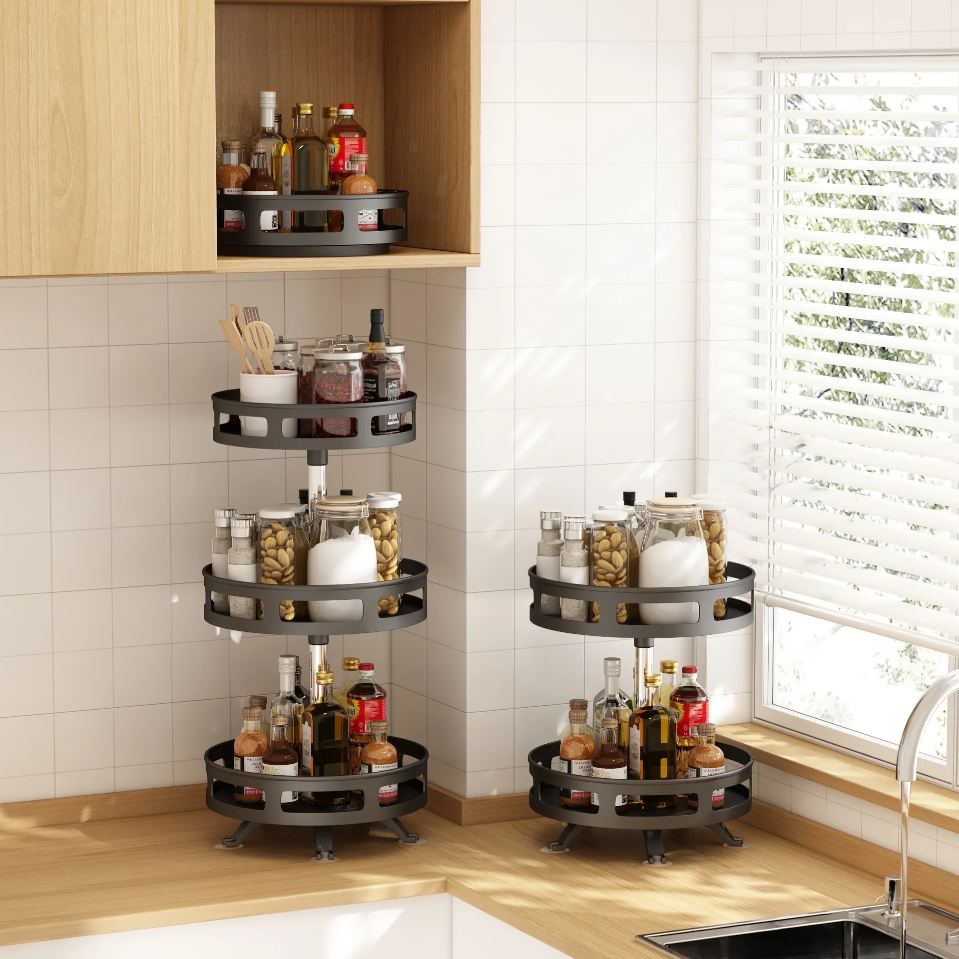 360 rotating 2 tier spice countertop rack with200ml glass seasoning storage jar