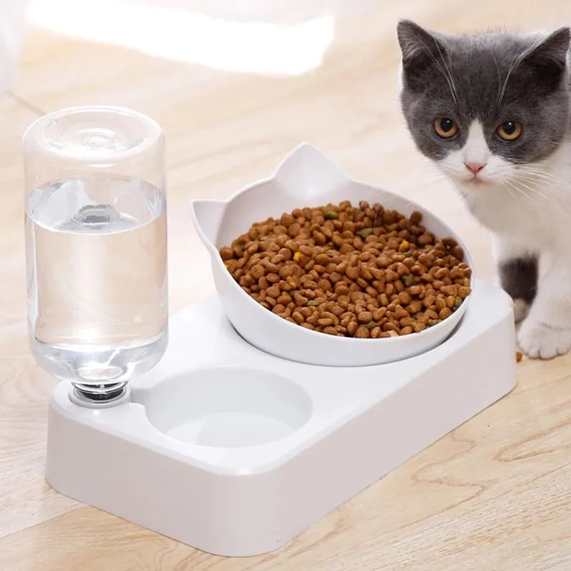 Pet Automatic Feeder Double Bowl Drinking Raised Stand Dish Bowls Dog Cat Food Bowl with Water Dispenser