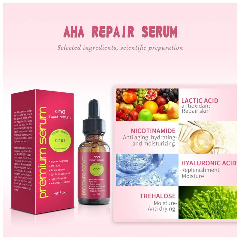 Private Label Lightening Acne Marks Smooth Exfoliate AHA Repair Serum