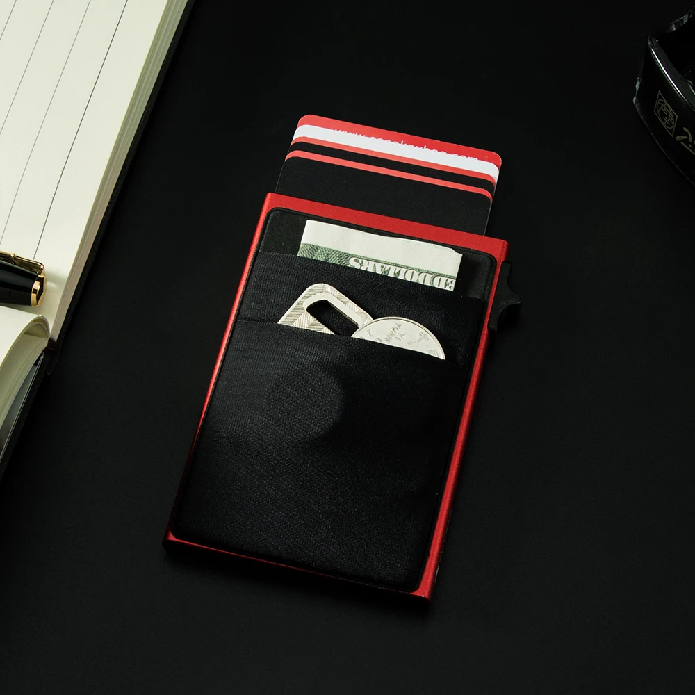 CASEKEY Custom Logo Slim Minimalist Metal Aluminum Smart Credit Card Holder Anti Rfid Automatic Pop Up Wallet with Front Pocket
