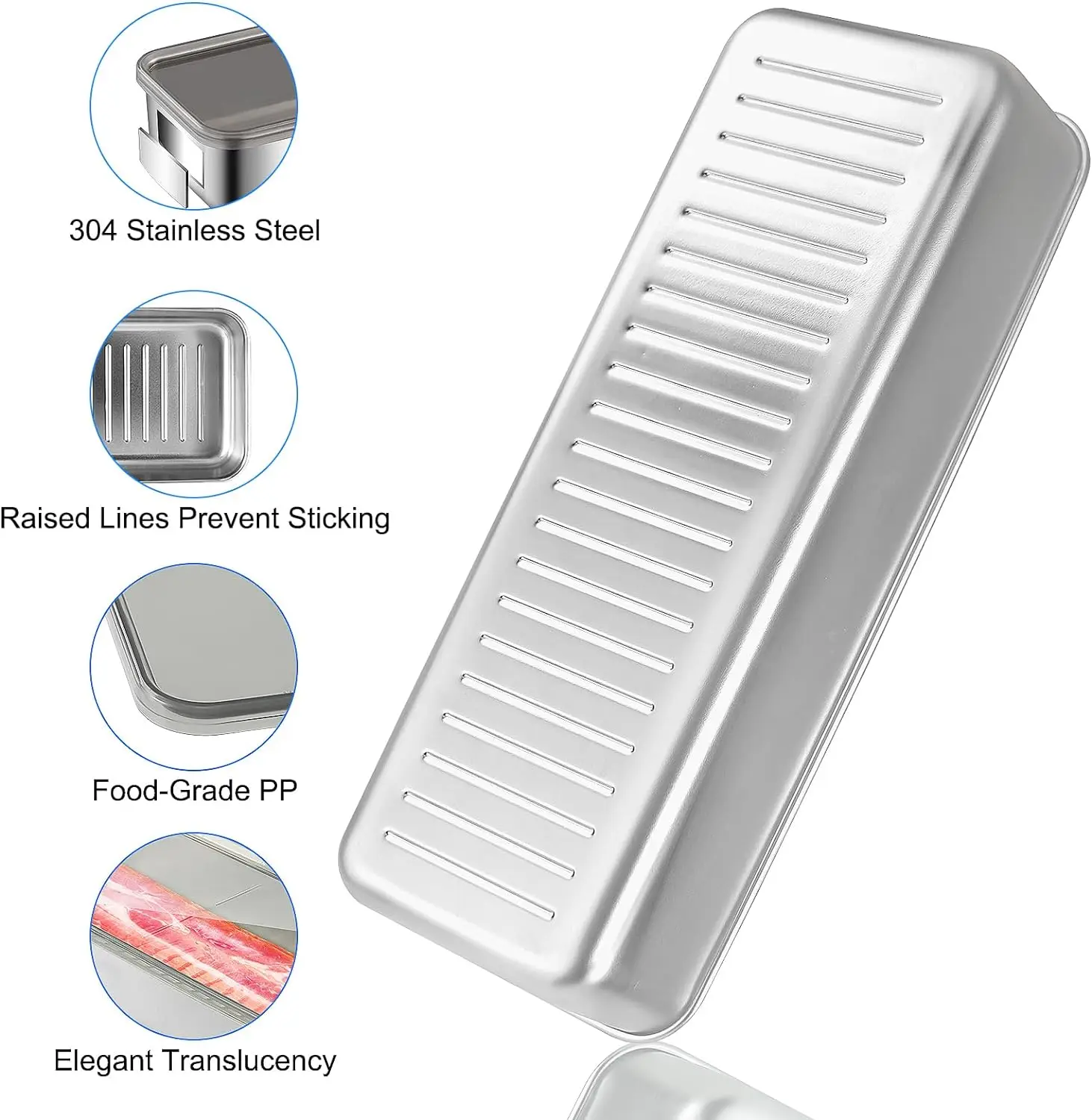 1000ml 33oz Airtight Long Deli Meat Box Steel Food Storage Container with PP Lids Stainless Steel Bacon Container