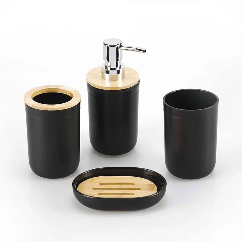 Low MOQ Black Bathroom Vanity Accessories Bamboo Lid 4 Pcs Plastic Bathroom Accessories Set