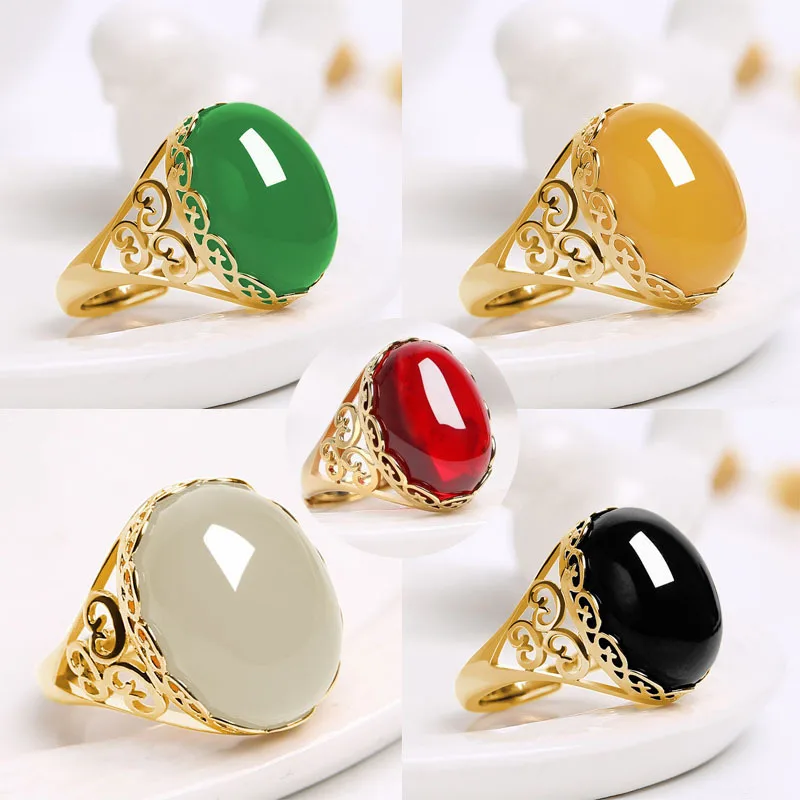Classic Ethnic Style Imitation Green Jade Ring Temperament Gold Plated Brass Open Imitation Agate Ring