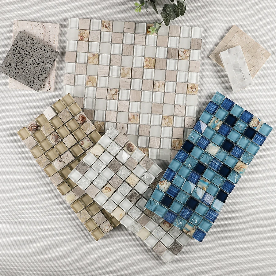 Bluwhale Tile Wholesaler Bathroom Stone Conch Resin Mix Blue Square Glass Swimming Pool Mosaic Tile Pool Mosaic Crystal