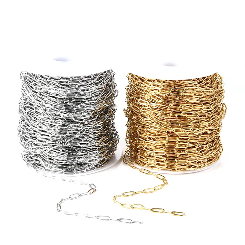 Stainless Steel Gold Making Accessories 4mm Wide Rectangle Chain Titanium Steel PVD DIY Blank Paper Clip Chain Jewelry Findings