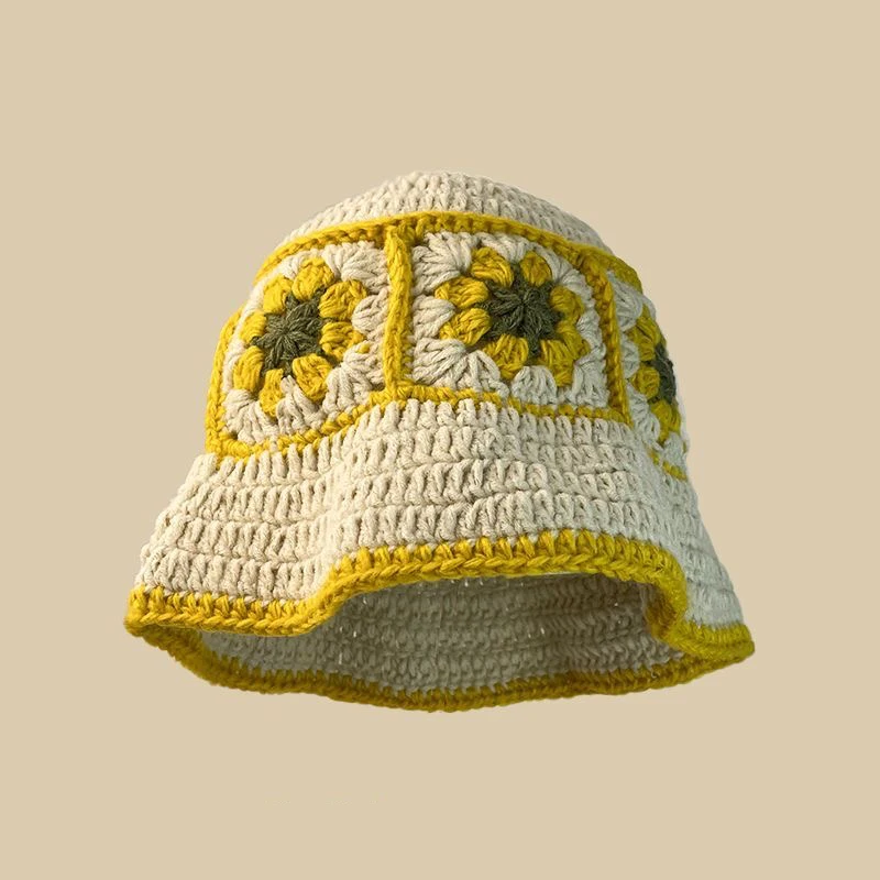 Ladies Fashion Handmade Stylish Crotched Knitted Bucket Hat Hollow Flower Casual Fisherman Hat