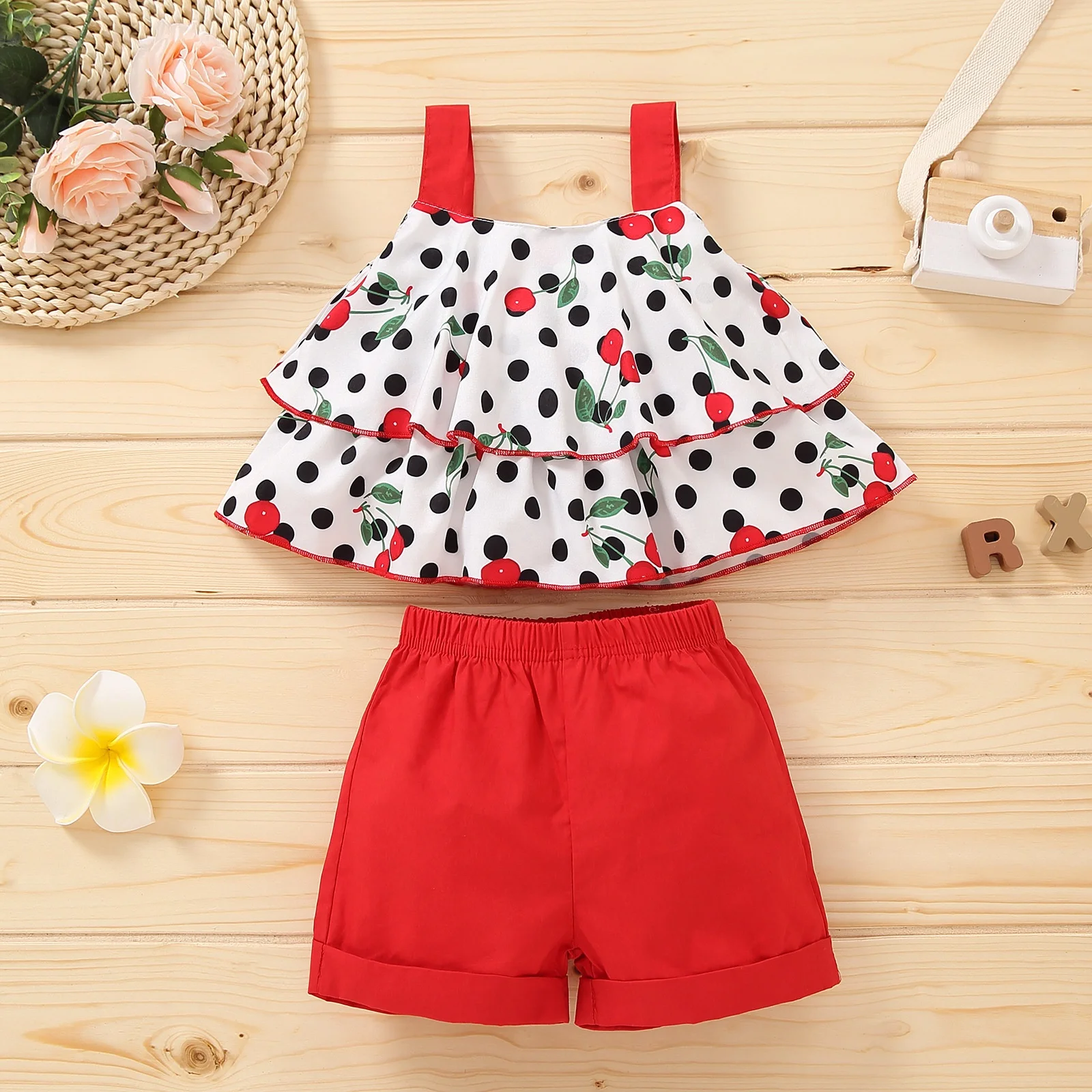 
Baby Girl Summer Clothes outfit Cherry Printed Ruffles Sling Top Shorts Baby Outfits 2021 new Toddler Girls Clothing Set 