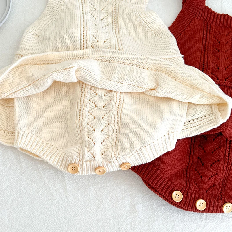 Paleo Baby Knitted Dress Square Neck Custom Kids Singlet Dress Cute Pointelle Knit Baby Girl Summer Romper Dresses