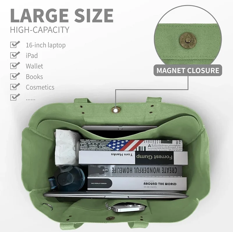 Hot large size colored beach women handbag calico canvas tote bag heavy duty vintage green canvas tote bag with magnet closure