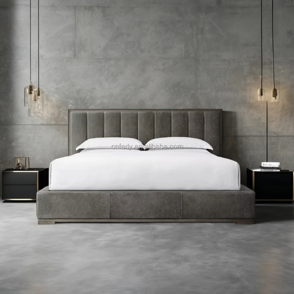 Luxury modern home furniture leather vertical channel panel platform bed