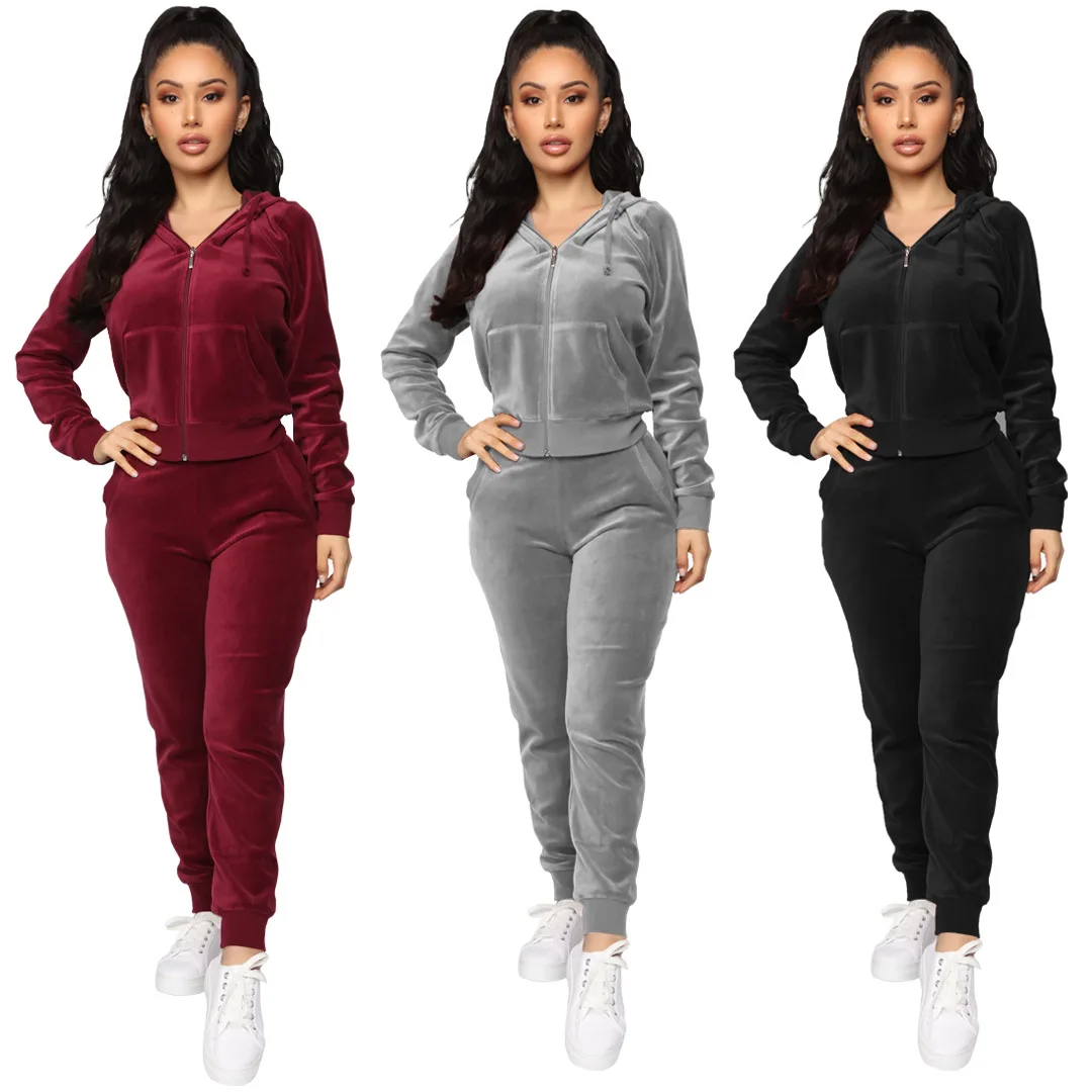 Wholesale Women Clothing Velvet Tracksuit Solid Zipper Hoodies Fluffy Coat Two Piece Stacked Pant Set Velour 2 piece outfit