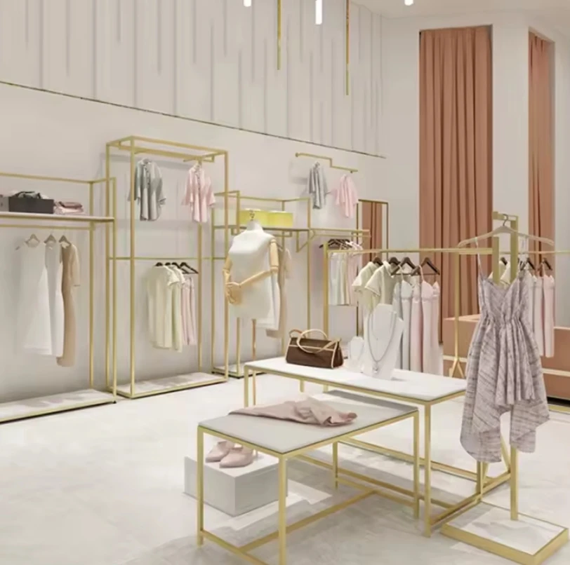 Boutique Store Design Nested End Table Set Clothes Rack Shop Fitting Gold Garment Rack Display Table