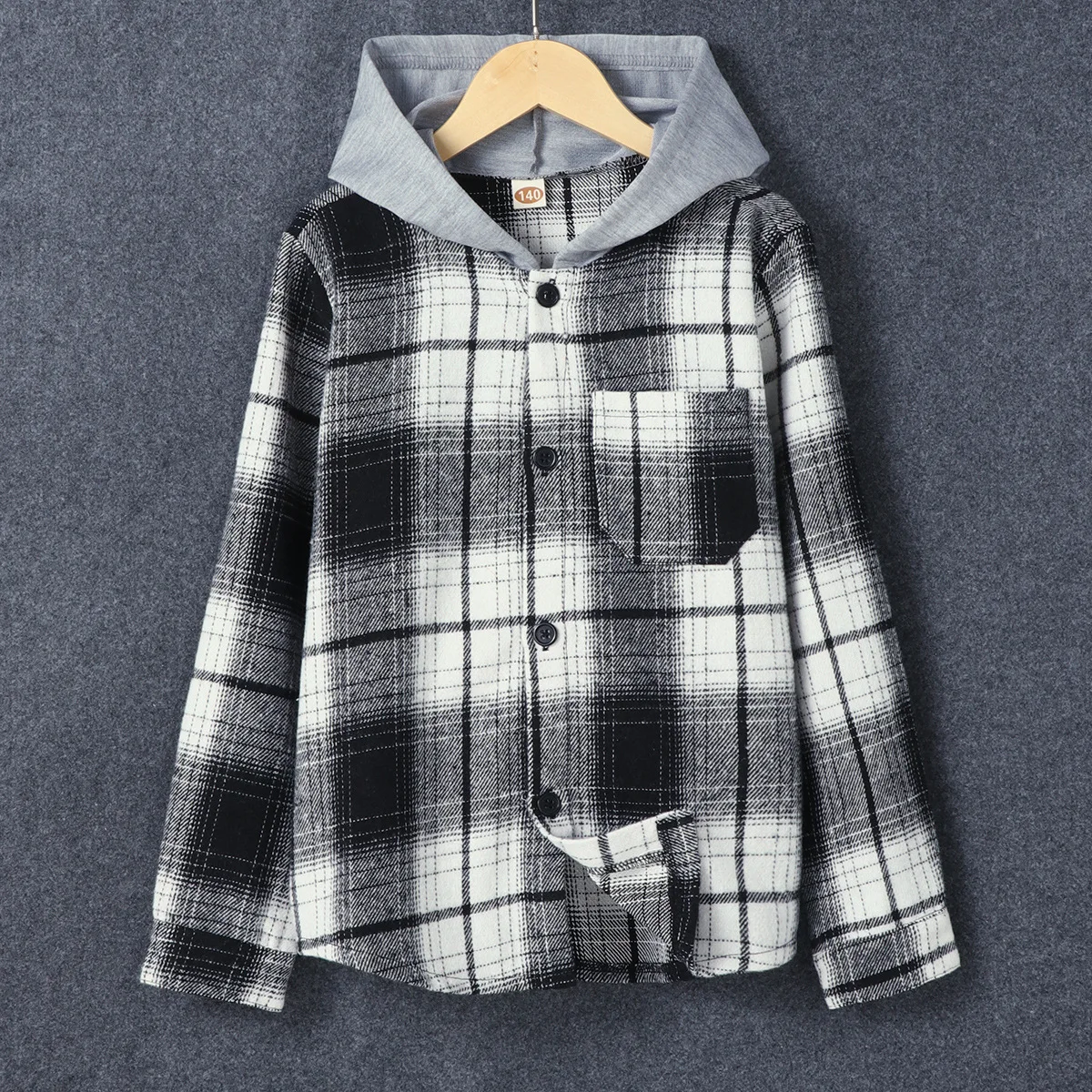 2022 Spring Autumn Children Boys Clothes Long Sleeved Single Breasted Plaid Hooded Sweater Teenage Shirt Kids Coat