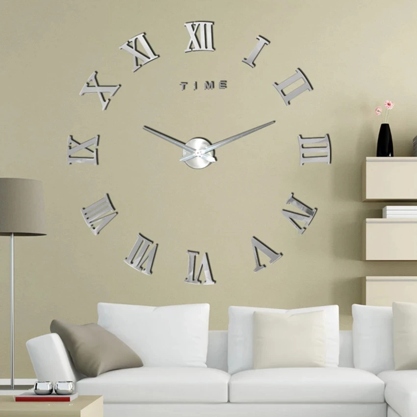 Mirror Surface 3D Large Diy Wall Clock Modern Design Roman Numeral Acrylic Home Decor Mirror Wall Clock