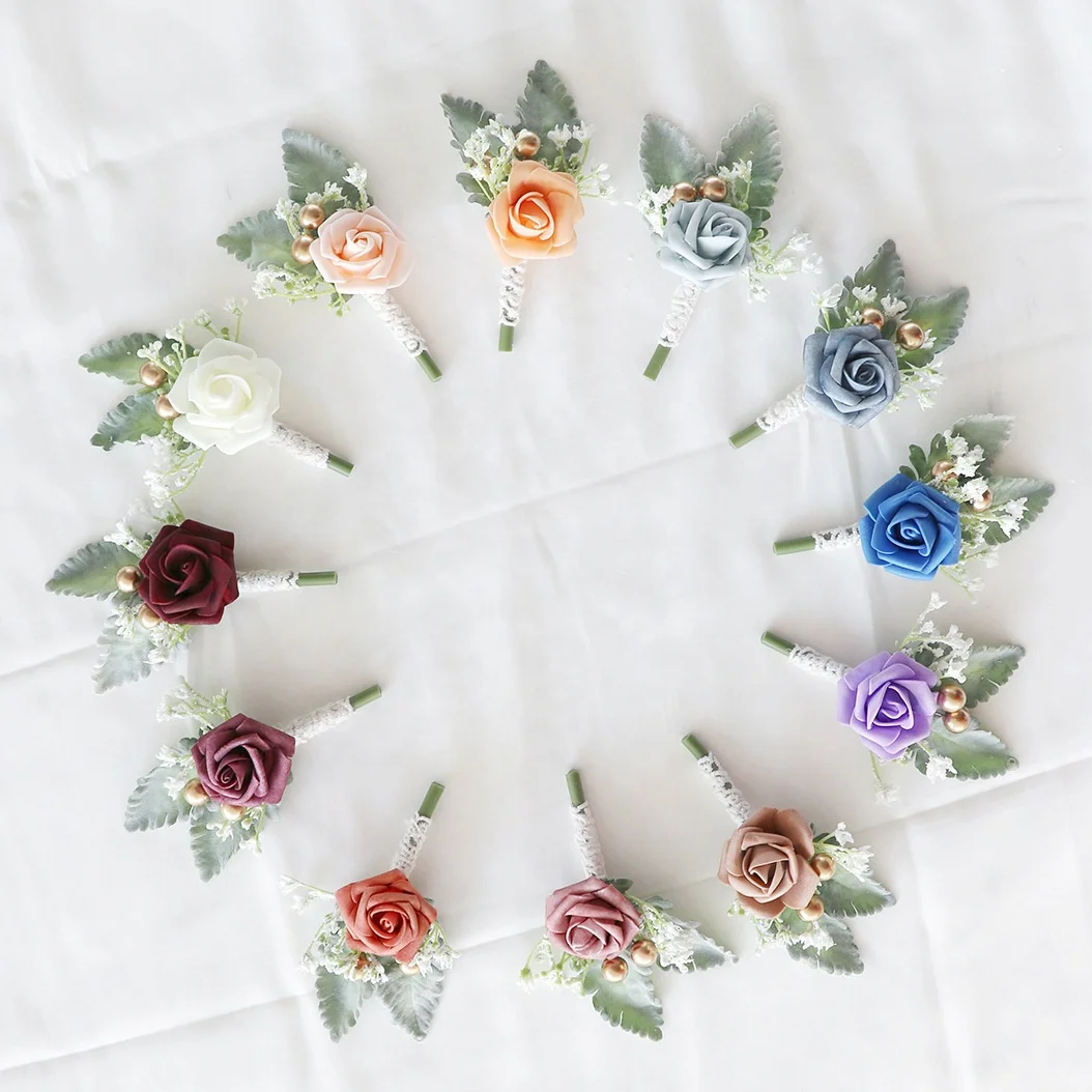 Boutonniere Wedding Men Corsage Silk Artificial Flower Wrist Flower Bracelet Corsage Brooch For The Wedding Party Prom Accessory