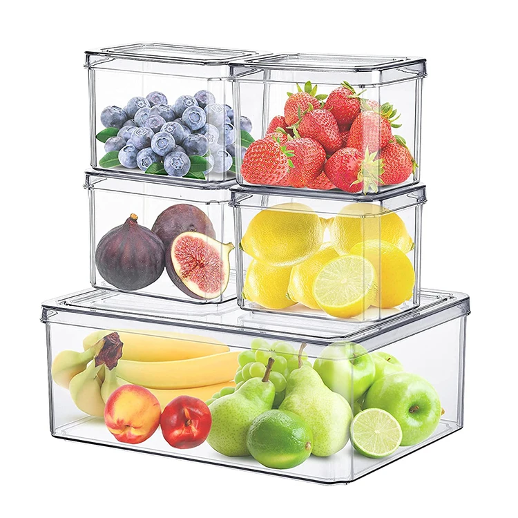 5 Pc Fridge Food Storage Bins Stackable Clear Kitchen Fruit Storage Containers Freezer Organizer Fresh Keeper Box