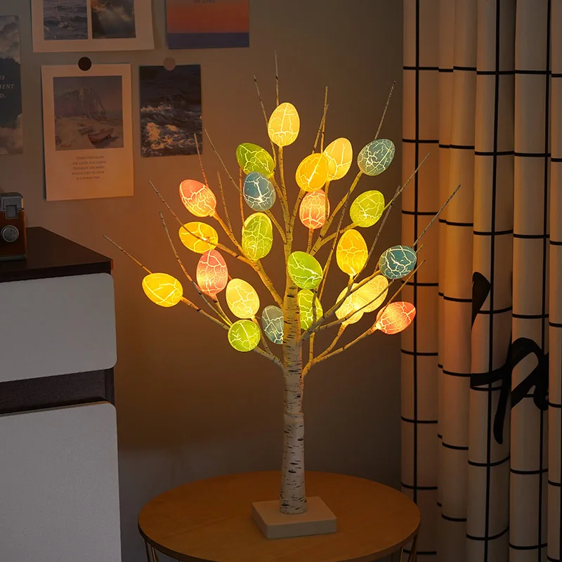 Warm White Lighted Birch Tree Tabletop Artificial Branch Tree Lamp With 24 Easter Eggs LED Bonsai Tree Light For Easter Party