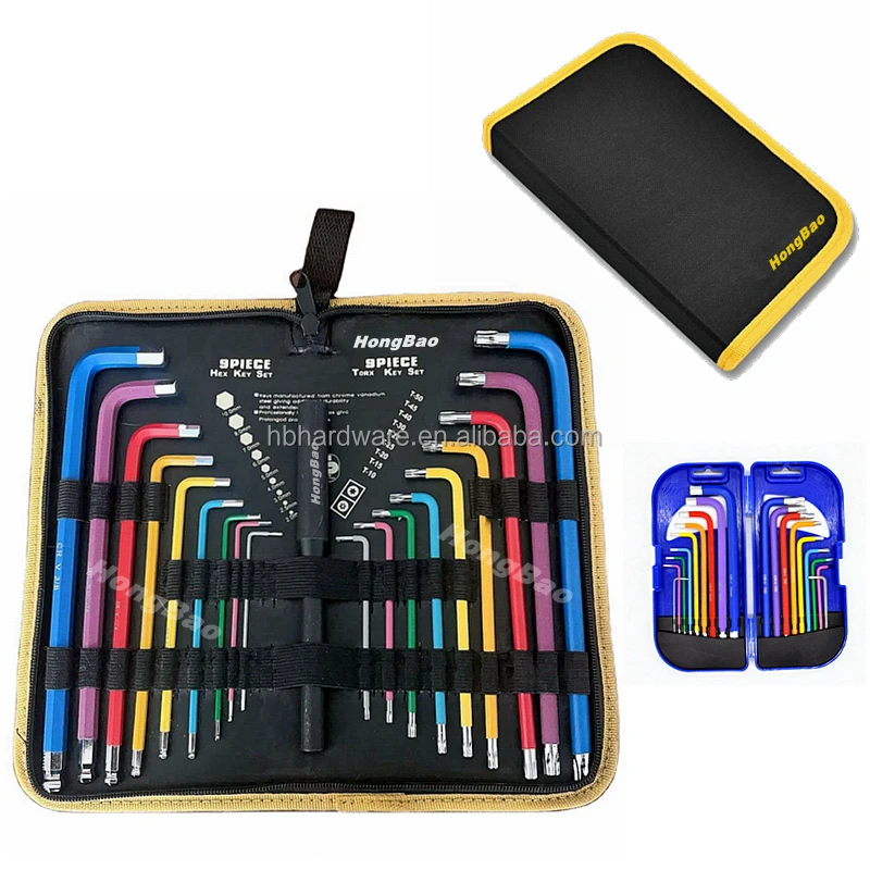 9/18 Piece Hex Key Allen Wrench Set SAE Metric Long Arm Ball End Hex Key Set in Plastic Box Color Packing Tool Industrial Grade