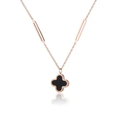 Stainless Steel Black And White Shell Clover Rose Gold Plated Necklace