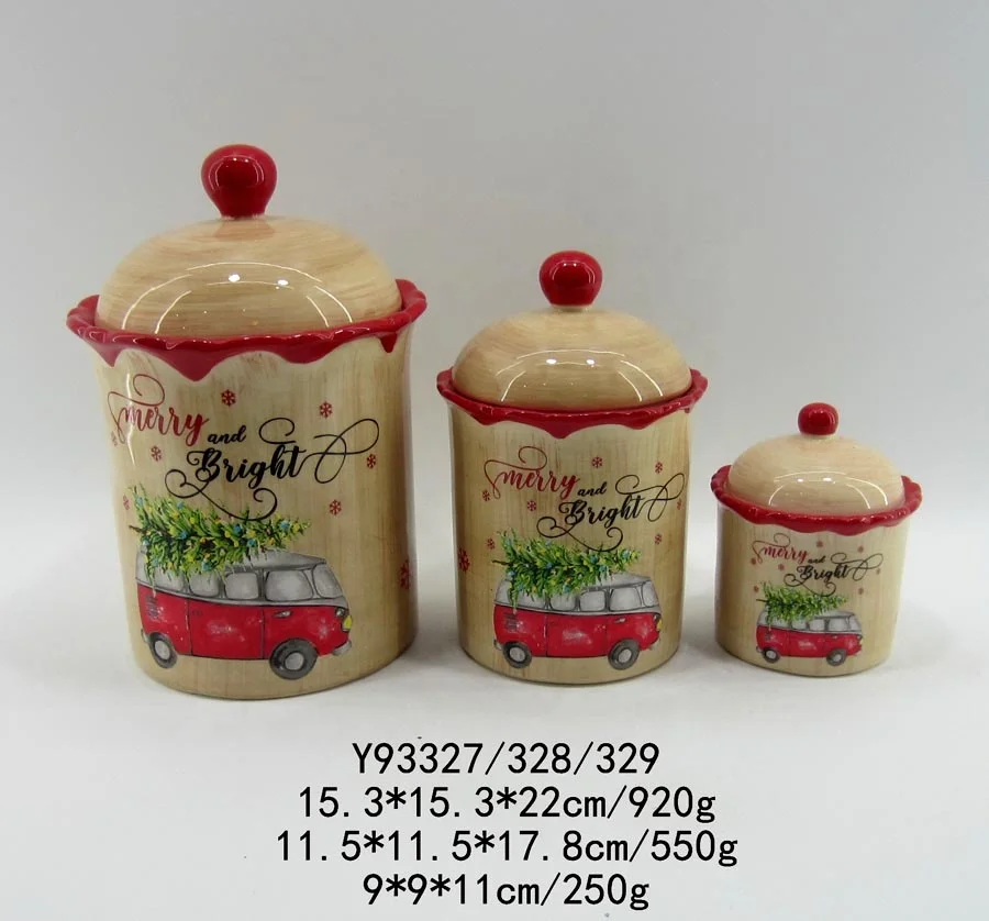 Set of 3 ceramic storage jars for Christmas decoration
