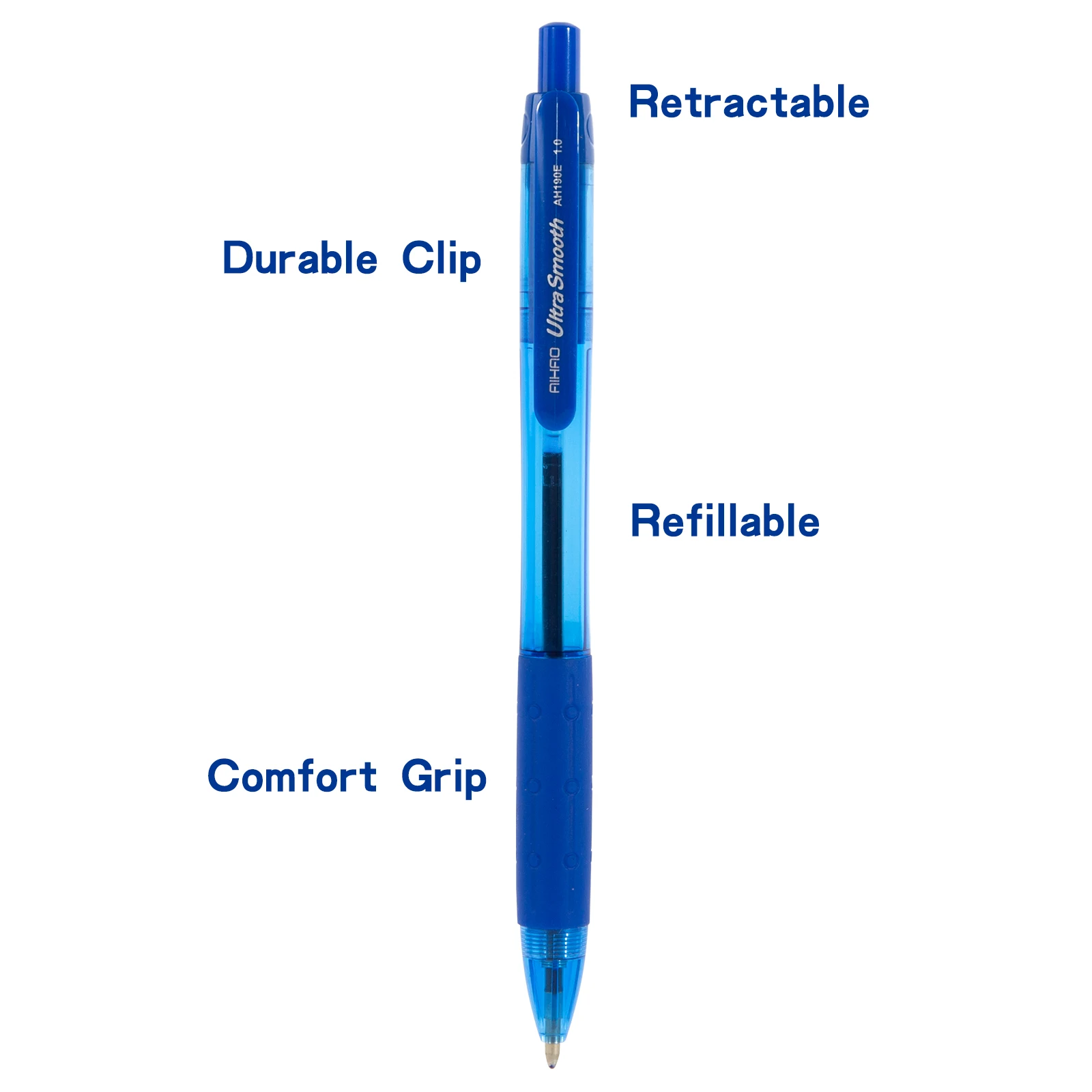  Aihao Plastic Comfort Grip 1.0mm Medium Retractable Blue Ballpoint Pen