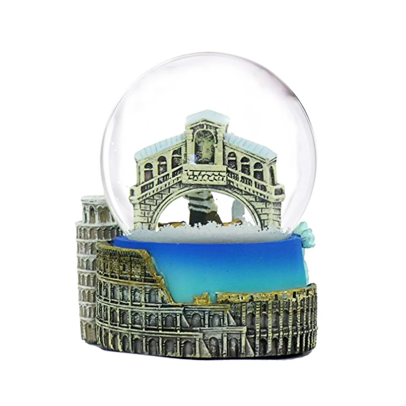 Custom Cheap hand-painted resin tourist souvenir fridge magnet water ball Italy Snow Globe of Rome, Pisa and Venice Snow globe