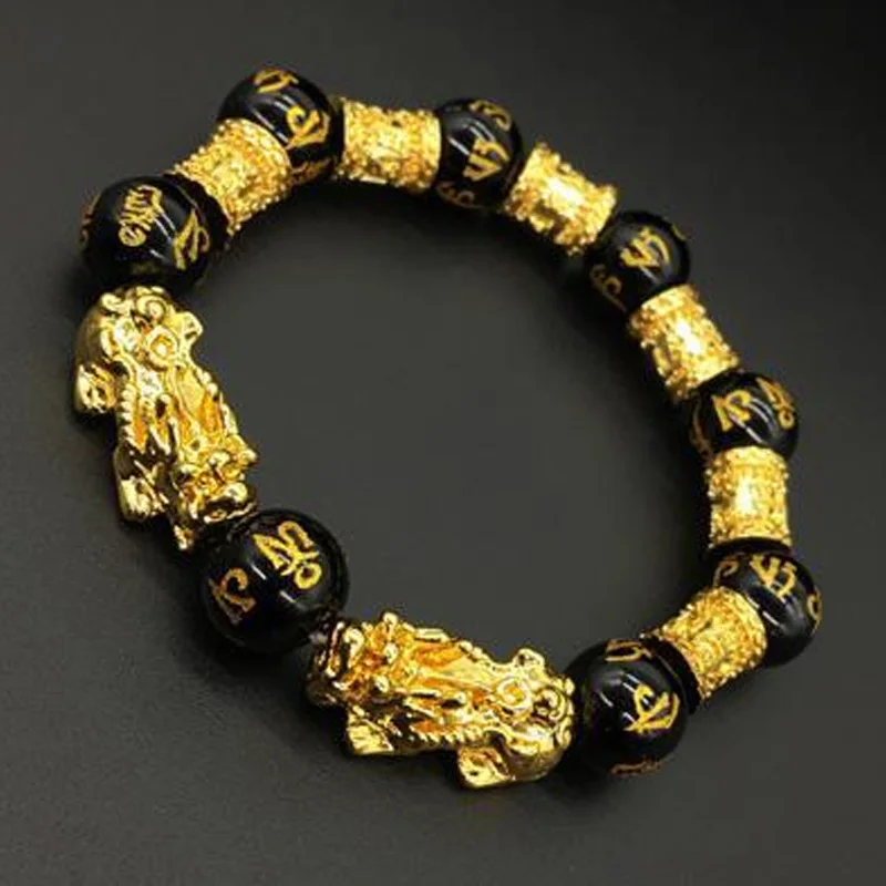 
Fashion Feng Shui Obsidian Stone Beads Bracelet Unisex Wristband Gold Black Pixiu Wealth And Good Luck Women Bracelet 