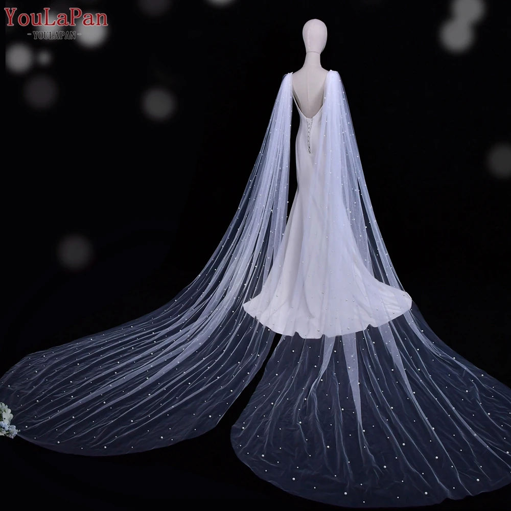 YouLaPan VG52-YP Two-Piece Women Long Wings Shawl Party Shoulder Accessories Bridal Wedding Dress Tulle Pearls Removable Cape