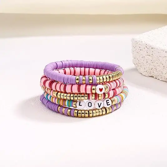 Girls Stackable Layered Pinky Surf Clay Beaded Stretch Bracelet set couple bracelet long-distance touch love