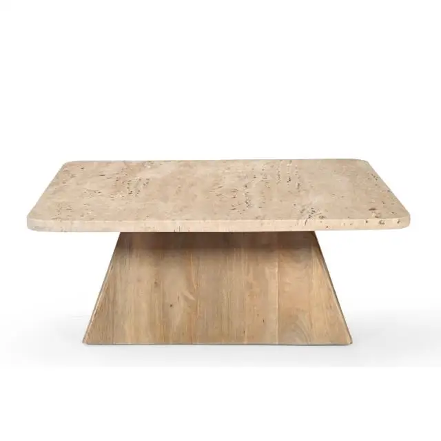Square Travertine Game Table on Double Tapered Base Travertine marble & Mango wood Coffee Table Living Room Natural Stone