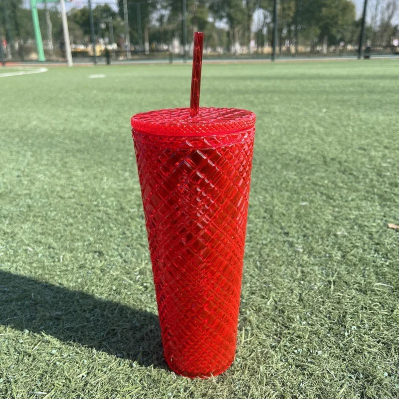 Portable Rivet Plastic Grid Studded Tumbler Durian Drinking Cup with Lid and Straw