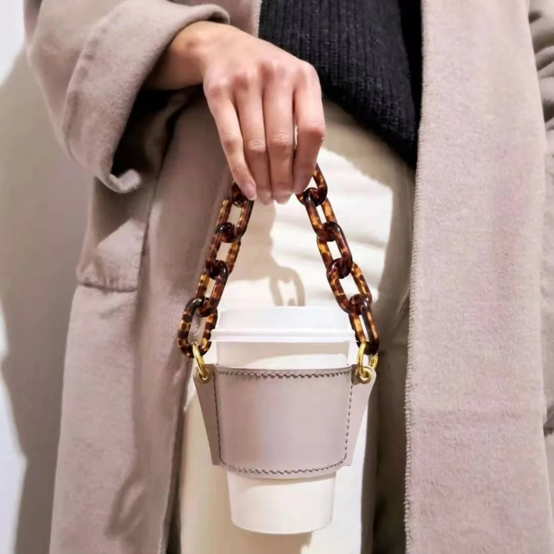 2024 Hot sale Handmade Coffee Cup Sleeve Holders custom logo PU leather cup holder Milky Tea Cup holder With Acrylic Chain Strap