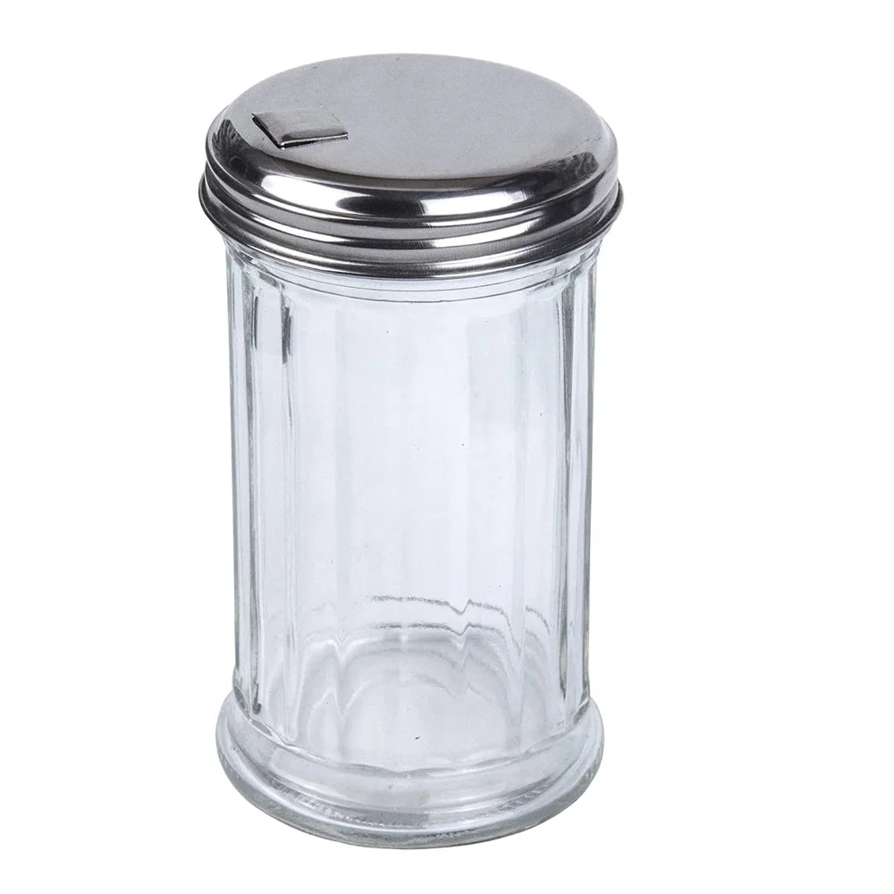 12 oz Glass Sugar Pourer with Side Flap Top Sugar Shaker with Stainless Steel Self-Closing Lid
